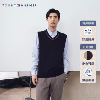 TOMMY HILFIGER 男女同款纯棉休闲通勤小绣标镶边V领合身版针织背心78J3976 藏青色FAP L