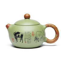 尊壶 紫砂壶西施壶手工茶具刻绘五牛原矿豆青砂小号家用泡茶器 五牛西施豆青泥   190cc   7孔