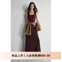 欧时力【商场同款】弹力A字长裙2024新夏无袖收腰方领针织连衣裙 灰条