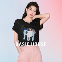 Basic House/百家好时尚休闲夏季夏款印花针织衫-B0624B5Y392 黑色 M120-130斤