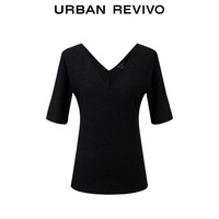 URBAN REVIVO 女士简约休闲轻通勤V领修身短袖T恤 UWM440017 黑色 S