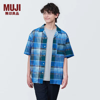 无印良品（MUJI） 男式 马德拉斯格纹 开领短袖衫 男士衬衫衬衣外套 格子 纯棉全棉 蓝色格纹 XL(180/104A)