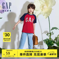 GAP男童2024春季logo撞色插肩袖短袖T恤儿童装上衣510041 蓝色 140cm亚洲尺码