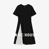 百家好（Basic House）Basic House/百家好撞色休闲夏季褶皱开叉设计感短袖连衣长裙 黑色 L