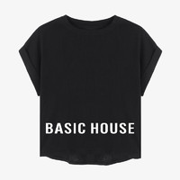 Basic House/百家好纯色棉麻卷边短袖T恤夏季新款小个子圆领上衣