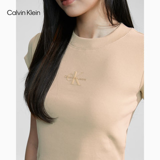 Calvin Klein Jeans夏季女士简约字母时尚ck辣妹重磅微弹正肩短袖T恤J221171 AAT-象牙黄 XS