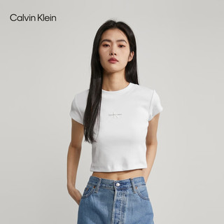 Calvin Klein Jeans夏季女士简约字母时尚ck辣妹重磅微弹正肩短袖T恤J221171 YAF-月光白 L