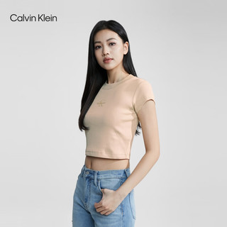 Calvin Klein Jeans夏季女士简约字母时尚ck辣妹重磅微弹正肩短袖T恤J221171 AAT-象牙黄 S