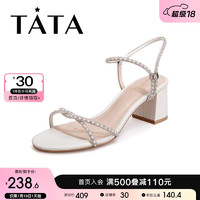 他她（TATA）一字带高跟鞋粗跟凉鞋女气质通勤单鞋夏百搭6LK02BL2 米白 37