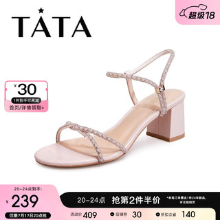 他她（TATA）一字带高跟鞋粗跟凉鞋女气质通勤单鞋夏百搭6LK02BL2 粉色 39