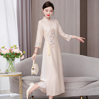 妖妮改良旗袍女成人日常2024新中式国风雪纺刺绣演出服长款连衣裙5710 杏色 XXL(体重125-135斤)