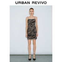 URBAN REVIVO 女装时尚魅力褶皱印花吊带连衣裙 UWG740155