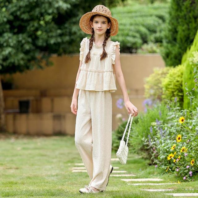 PIYOPIYO 黄色小鸭 女童套装2024中大童韩版简约时尚无袖上衣阔腿裤