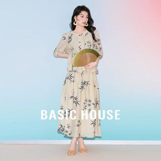 百家好（Basic House）碎花显瘦春夏短袖T恤半裙套装 淡黄 L