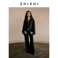 致知ZHIZHI 绕云来 中式长袖衬衫女2024秋垂感真丝混纺黑色