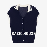 Basic House/百家好天丝翻领撞色针织衫小飞袖竖条开衫上衣夏季女