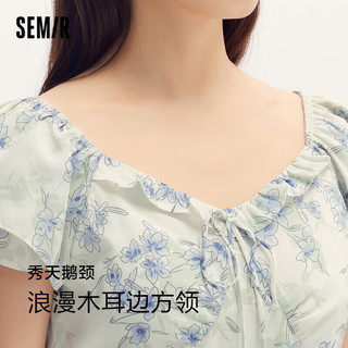 森马（Semir）连衣裙女木耳边方领小飞袖夏季2024小清新雪纺碎花裙109324114015