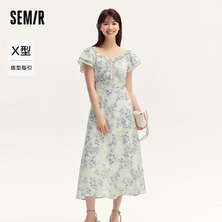 森马（Semir）连衣裙女木耳边方领小飞袖夏季2024小清新雪纺碎花裙109324114015 XXL