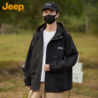 吉普（JEEP）外套男士夹克春秋季宽松冲锋休闲工装男女款衣服 黑色 2XL 