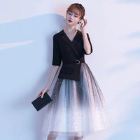 诺丽缇气质宴会晚礼服长款2024平时可穿主持人年会演出梦幻星空裙女 黑色中长款 XL