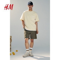 H&M男装2024夏季棉质舒适宽松版圆领胸袋短袖上衣T恤1226614 白色 180/124 XXL