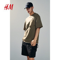 H&M男装2024夏季棉质舒适宽松版圆领胸袋短袖上衣T恤1226614 绿色 180/116 XL