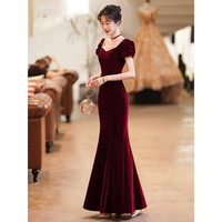 诺丽缇鱼尾酒红色敬酒服晚礼服女新娘修身气质2024宴会轻奢长款丝绒 酒红色长款(无蝴蝶结) S