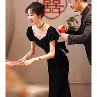 诺丽缇鱼尾酒红色敬酒服晚礼服女新娘修身气质2024宴会轻奢长款丝绒 黑色长款 S