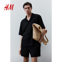 H&M2024夏季男装宽松版型纹理感古巴领衬衫1249113 黑色 170/92