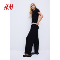 H&M2024夏季女装简约时尚皱感阔腿裤1254873 黑色 155/60