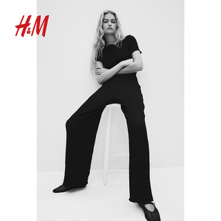 H&M2024夏季女装简约时尚皱感阔腿裤1254873 黑色 155/60