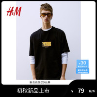 H&M男装女装T恤2024夏季印花休闲舒适圆领短袖上衣1032522 黑色/Word 180/116