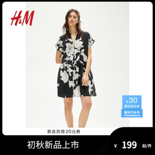 H&M女装连衣裙2024夏季时尚简约休闲皱感裙衫式连衣裙1238340 黑色/白色花卉 155/80 XS