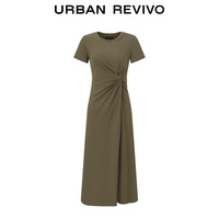 URBAN REVIVO 女士简约气质扭褶圆领短袖连衣裙 UWM740004 绿卡其 L