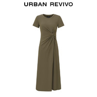 URBAN REVIVO 女士简约气质扭褶圆领短袖连衣裙 UWM740004 绿卡其 L