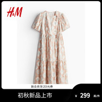 H&M女士连衣裙2024夏新款甜美设计感泡泡袖连衣裙1244887 柔粉色/图案 155/80 XS