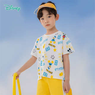 迪士尼宝宝（Disney Baby）童装儿童T恤满印卡通米奇男童短袖T恤纯棉亲肤透气 本白 7岁/身高140cm