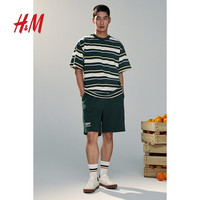 H&M男装女装T恤2024夏宽松版时尚撞色条纹舒适T恤1226611 深绿色/条纹 常规 175/100