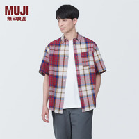 无印良品（MUJI）男式 马德拉斯格纹纽扣领短袖衬衫男士衬衣外套纯棉全棉 AC1W8A4S 红色格纹 L （175/100A）