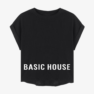 Basic House/百家好纯色棉麻卷边短袖T恤夏季小个子圆领上衣 黑色 M