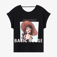 百家好（Basic House）夏日百搭休闲卡通印花设计感圆领短袖T恤 黑色 XL