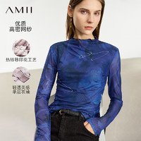 AMII2024早秋季半高领艺术抽象印花网纱T恤女修身显瘦12423105 深海蓝 155/80A/S