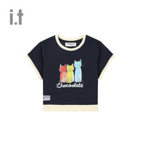 :CHOCOOLATE it 男女同款合身拼色短袖T恤2024夏季轻松文艺011780 NYX/藏青色 S