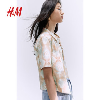 H&M2024夏季女装短袖府绸衬衫1250775 柔粉色/图案 155/80