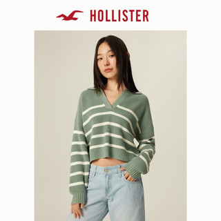 HOLLISTER秋季短款V领开领撞色条纹套头针织衫毛衣 女 355978-1 绿色条纹 XXS(160/80A)