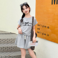 小马宝莉女童休闲短袖套装2024夏季中大童时尚透气儿童t恤女孩短裤2件套潮 灰色 140