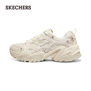 斯凯奇（Skechers）女鞋户外机甲鞋厚底增高老爹鞋回弹时尚运动鞋896186 米白色/淡紫色/OFWM 37.5