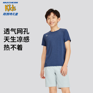 Skechers斯凯奇小凉伞儿童短袖T恤夏季男女童简约运动衫P224K031 中世纪蓝/007D 150