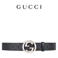 GUCCI古驰互扣式双G带扣GG Supreme帆布腰带4厘米宽 黑色/灰色 100cm