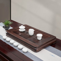 汉唐（hantang）黑紫檀茶盘实木排水式茶托大号功夫茶具茶台 鸿融嵌入式托盘套装 黑紫檀鸿融+羊脂玉白瓷10件套